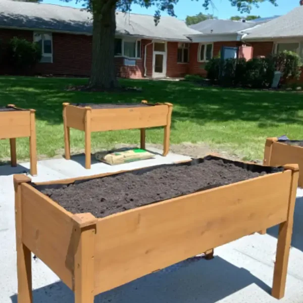 Illinois Presbyterian Home Communities - Fair Hills Residence, back patio, raised flower beds for gardening - Springfield IL